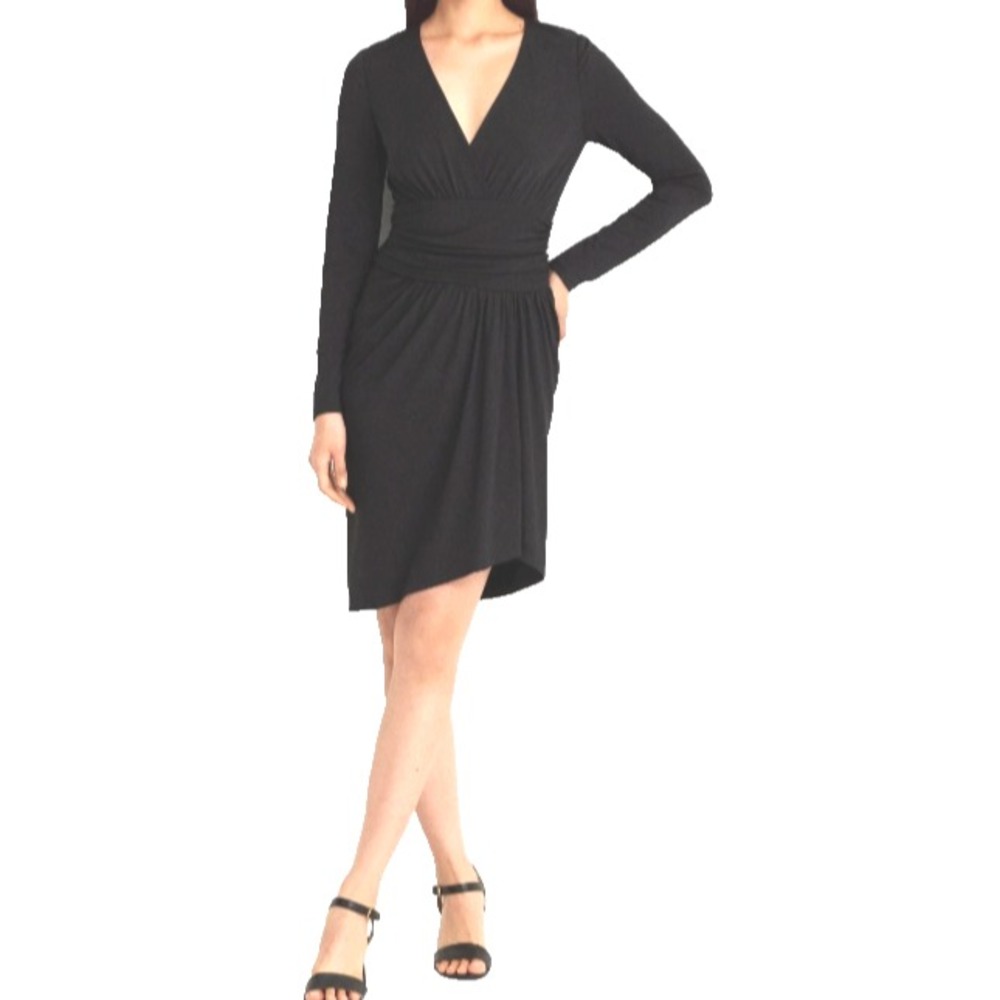 Lauren Ralph Lauren Little Black Dress Women 12 Surplice Ruched Stretch NWT $165